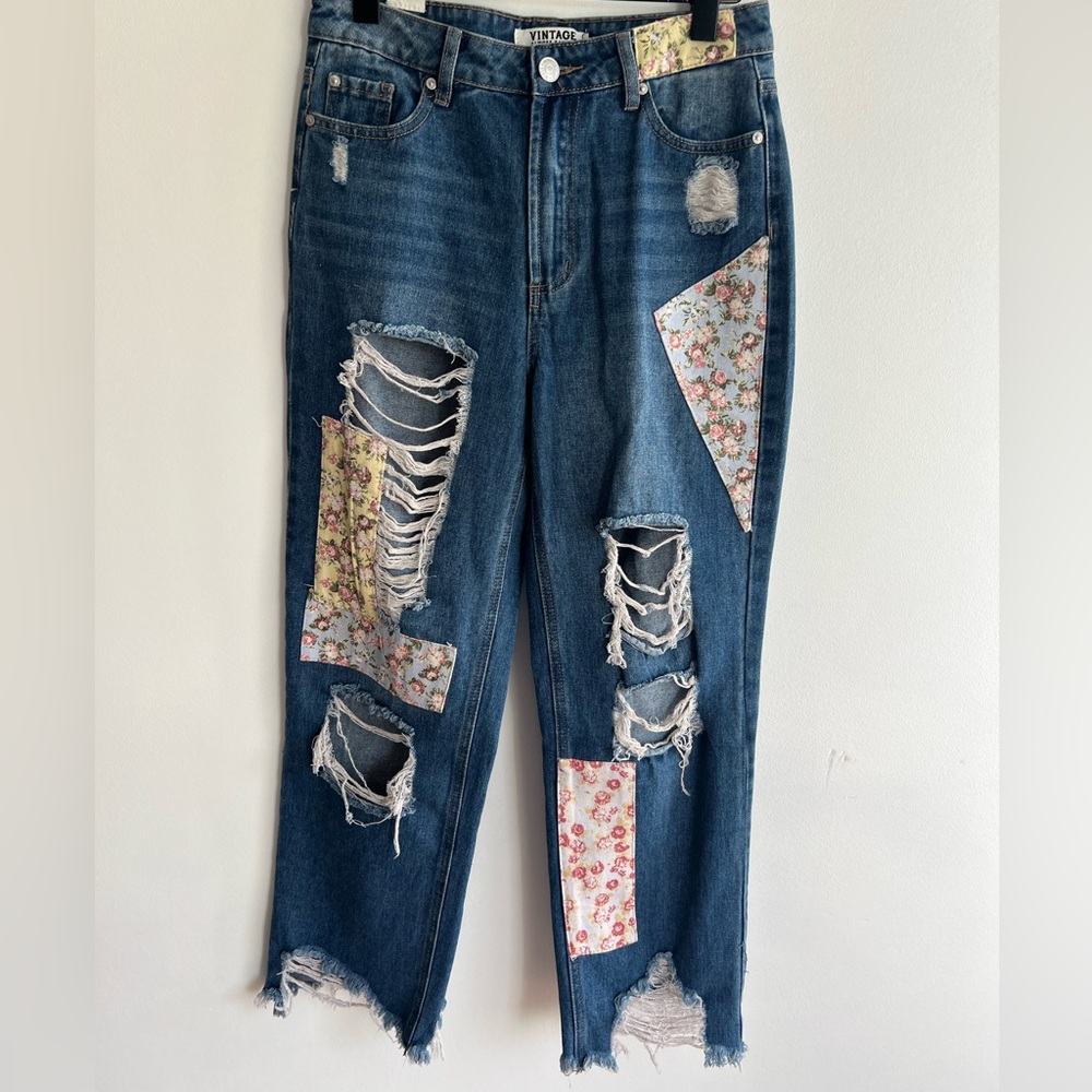 Upcycled Patchwork Boho  Denim Jeans High Rise vintage almost famous siz…